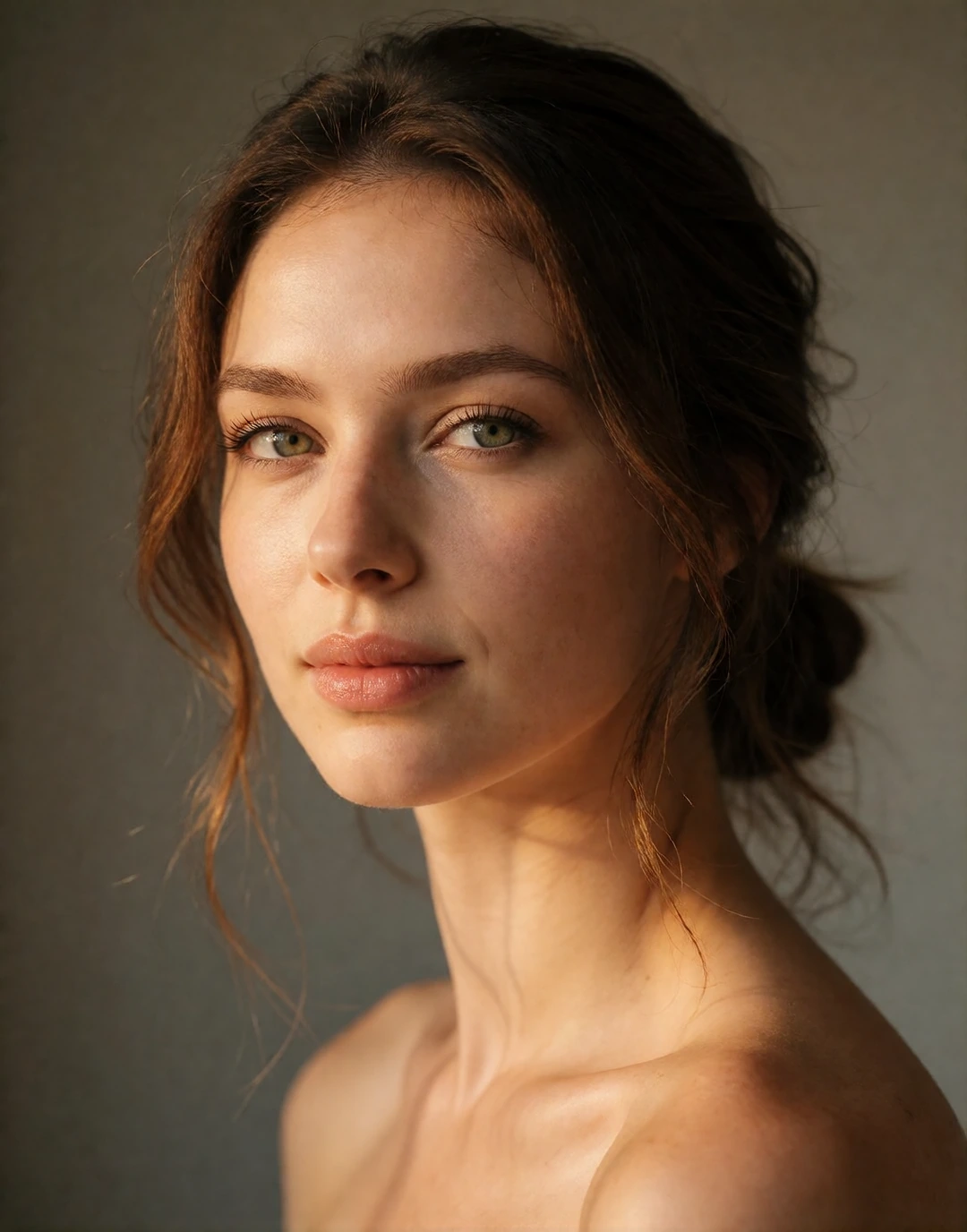 Portrait reference of a woman in her early 30s, warm friendly face, shoulder-length brown hair loosely tied back, minimal makeup, soft natural expression, neutral warm-gray backdrop, soft window light, photoreal.