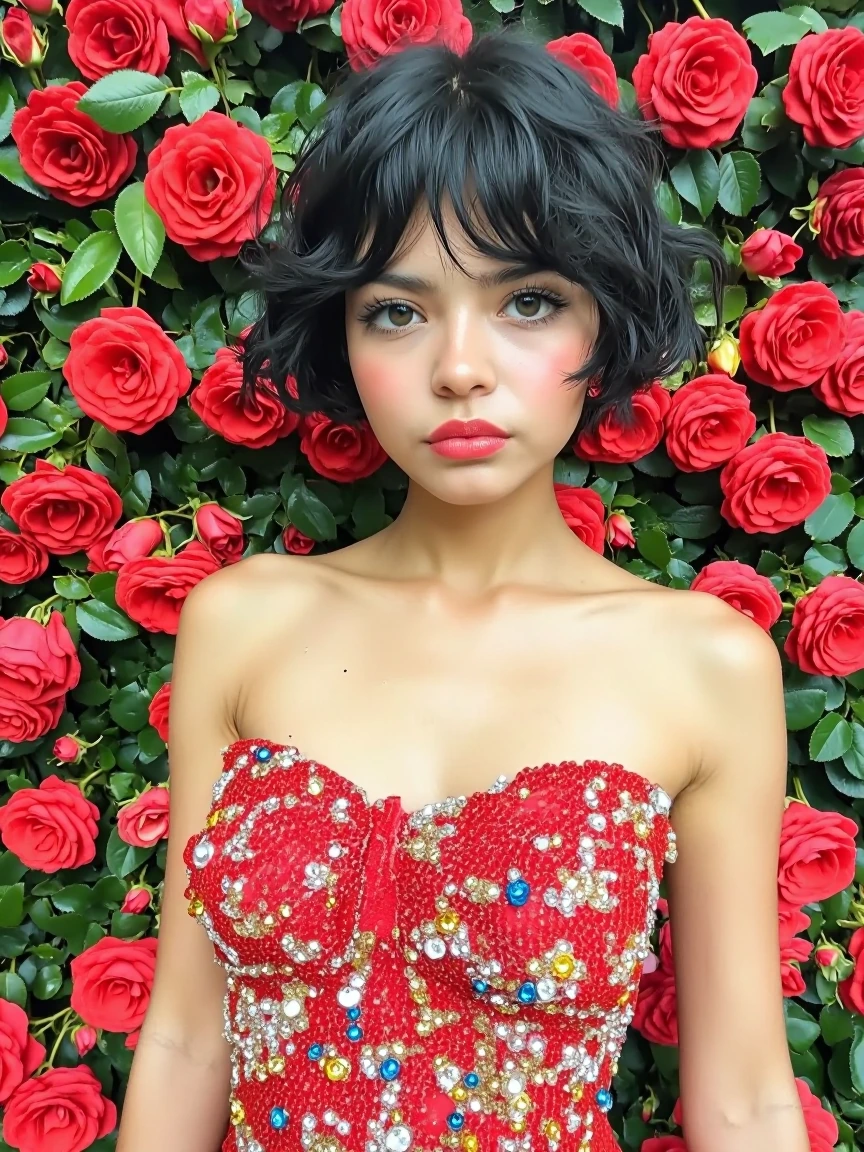 { "image_analysis": { "environment": { "atmosphere": { "lighting": "soft, highlighting the subject", "shadows": "light, creating depth" }, "background": { "elements": [ { "color": "red", "density": "dense, surrounding the subject", "type": "roses" }
