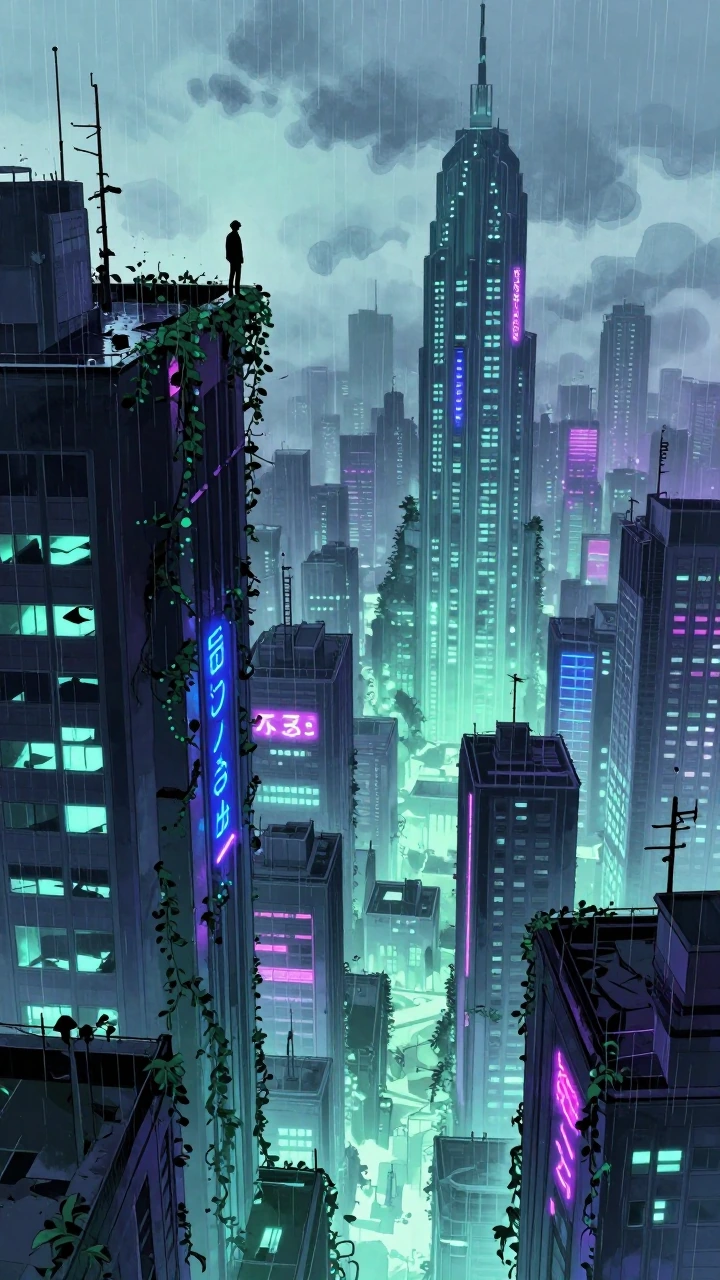 Abandoned neon metropolis reclaimed by bioluminescent vines—towering Art Deco skyscrapers dissolving into low cloud cover, their geometric silhouettes fractured by overgrowth. A lone figure stands on a high rooftop edge in heavy rain, rendered as a s