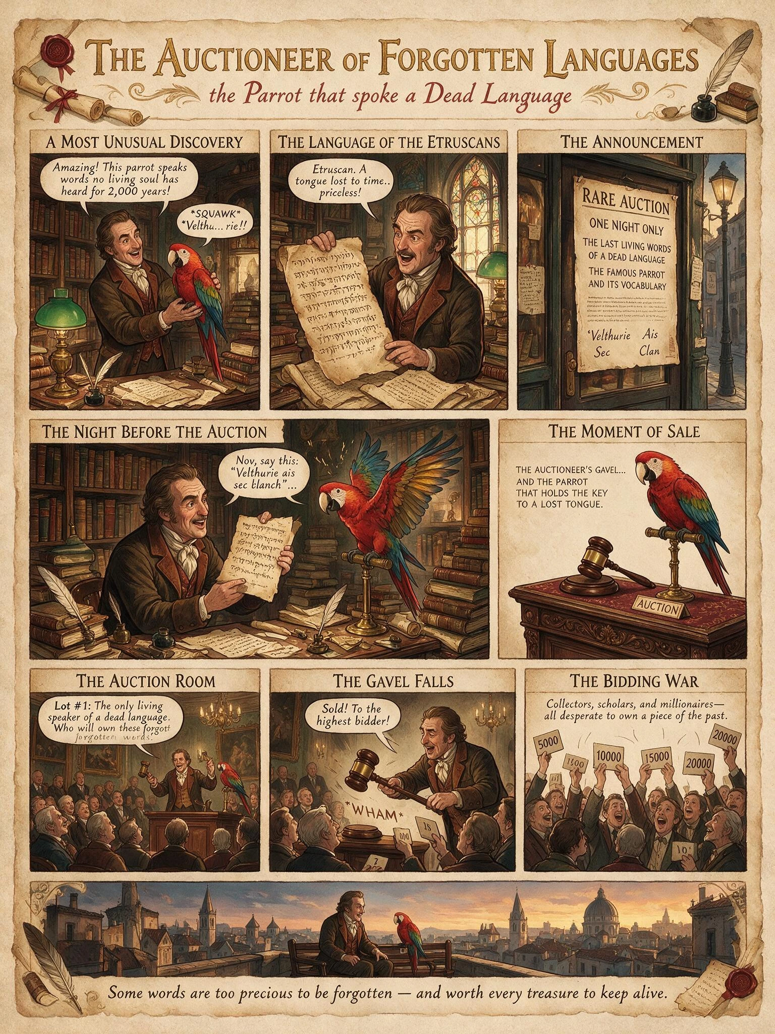 the auctioneer of forgotten languages; Multi-panel Summary of the story of the Parrot that knew the words to a dead language...