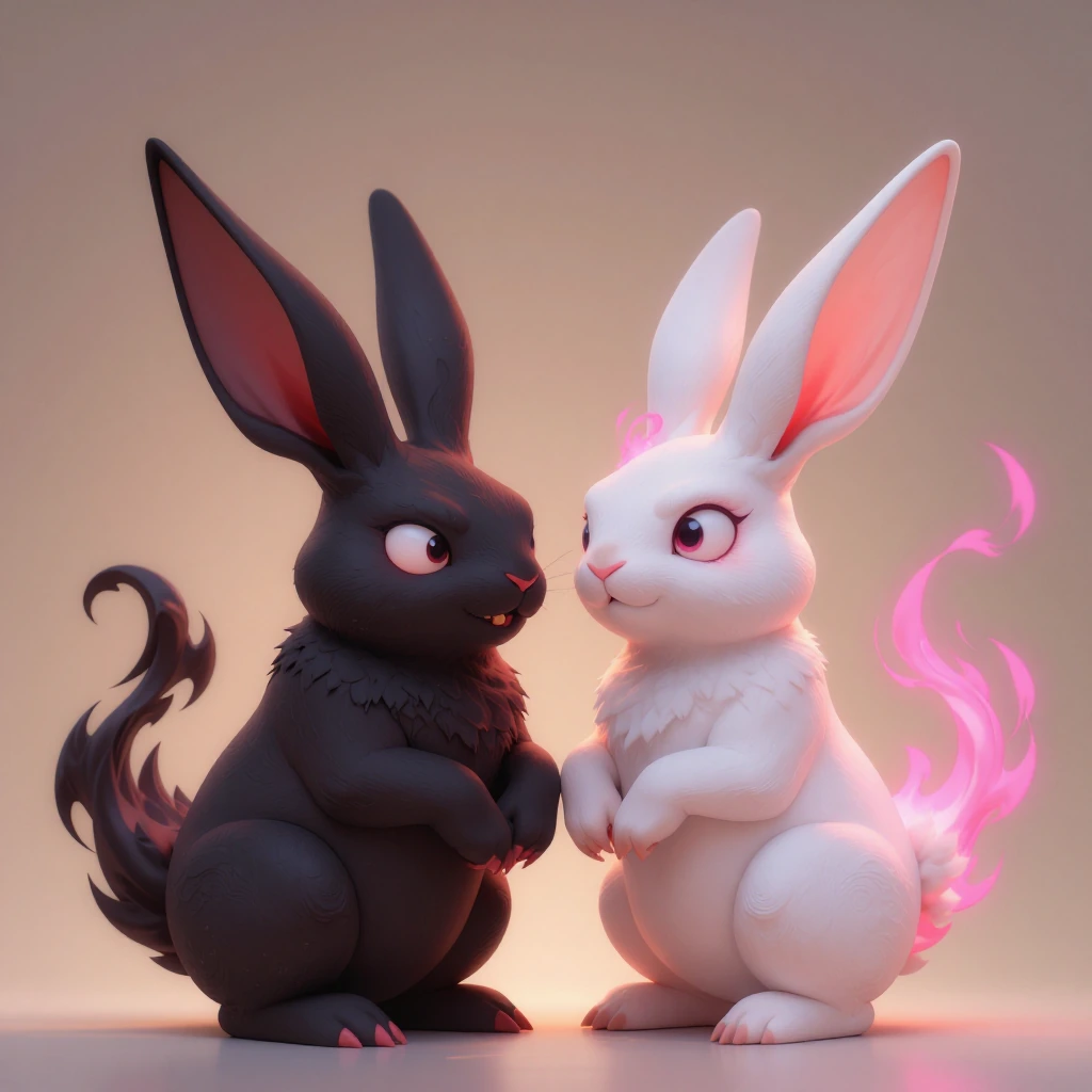 two adorable demonic rabbits with oversized ears playing together, one wreathed in gentle black flam…