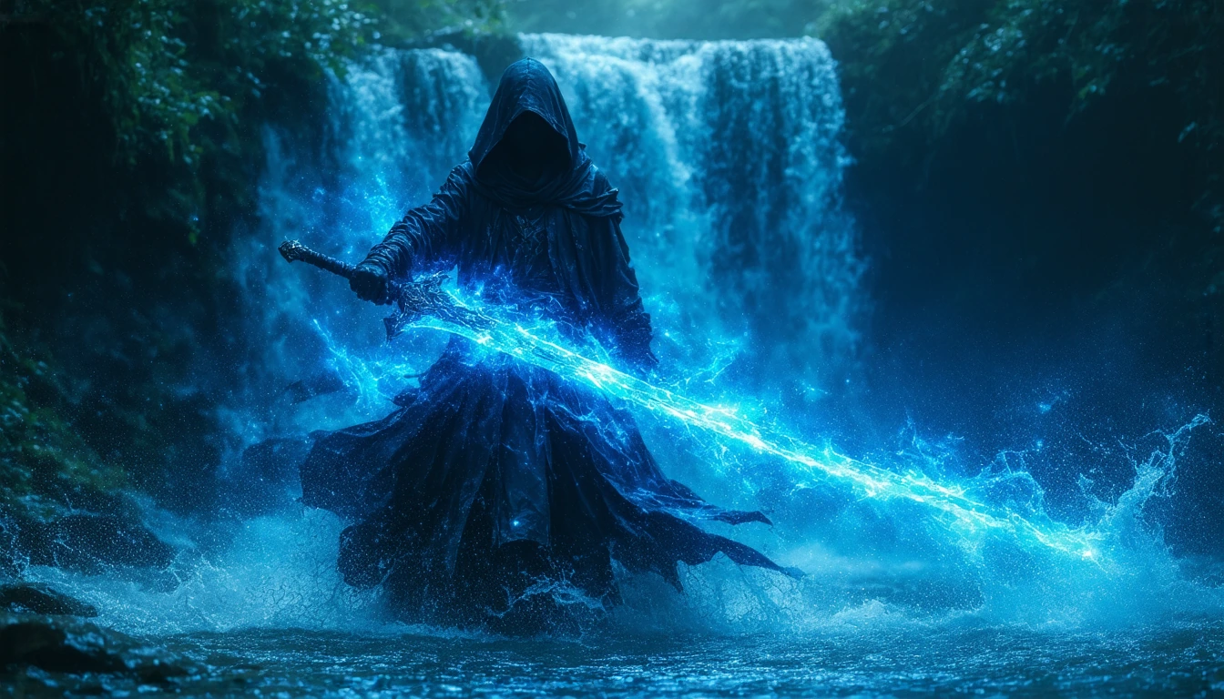 a hooded figure wielding a glowing blue sword, standing in a turbulent, waterfall-filled forest. The figure is dressed in a dark, flowing robe with in