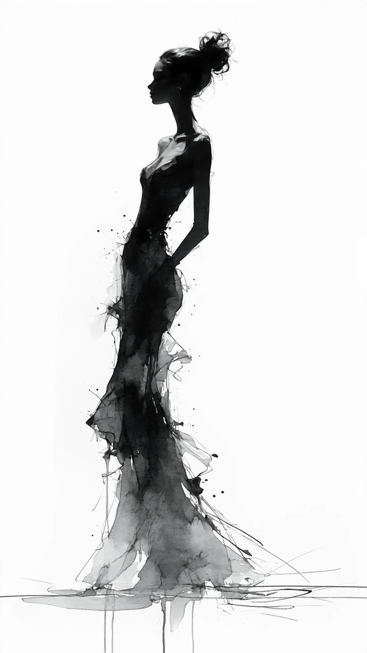 Elegant high-fashion illustration of a tall, poised female model in profile view, head slightly upturned with an elongated neck, intricate updo hairstyle, wearing a dramatic flowing gown with a fitted bodice and deep neckline, defined shoulders, skir