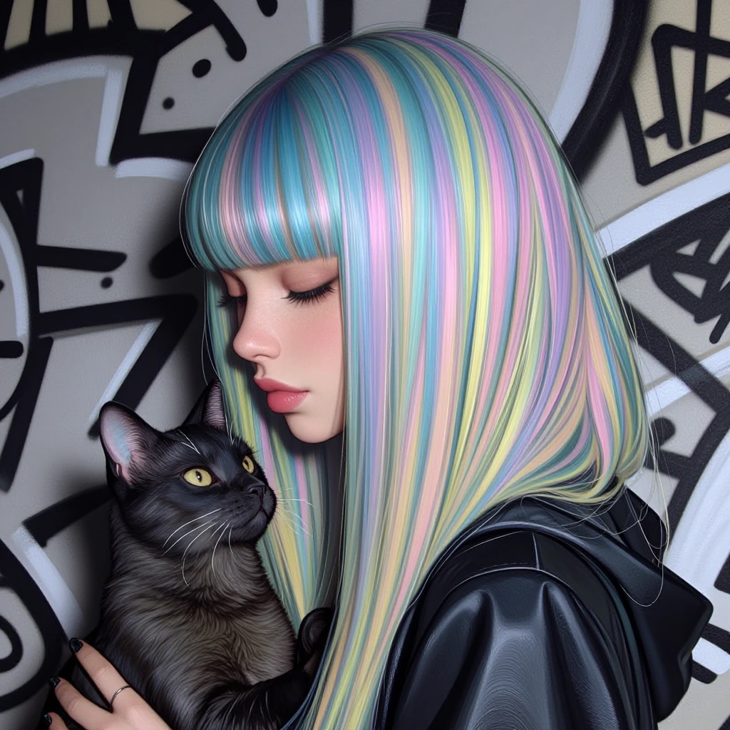 Woman pastel hair, blue, pink, yellow, and black graffiti. With a cat.