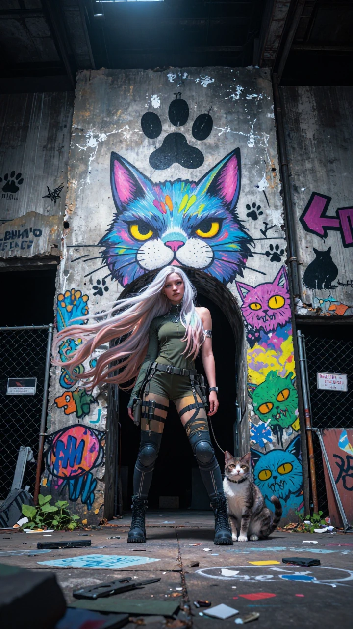 A striking woman with long flowing hair featuring subtle pastel highlights stands in front of a weathered World War III bunker. The concrete structure