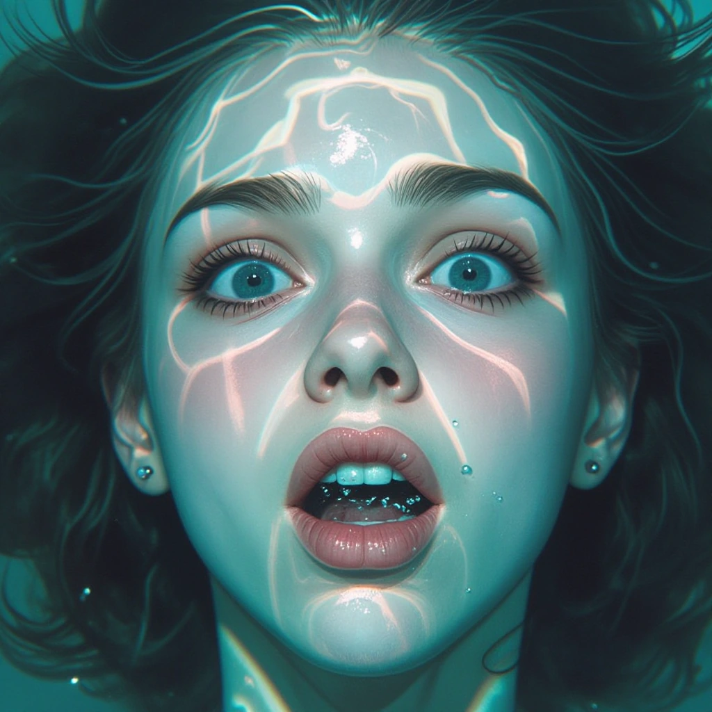 Portrait of a face half-submerged in water with rippling distortions, eyes wide open,air bubbles coming out of her mouth, scared screaming expression,