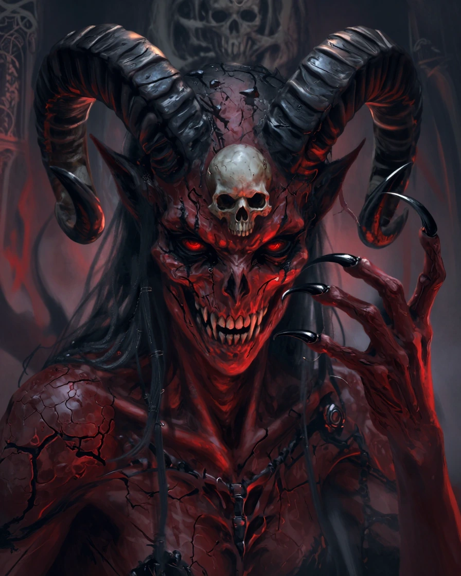 Close-up portrait of a dark demonic entity with cracked lava-red skin texture (scorched, fissured, high-detail), massive black ram horns curving outward, deep glowing red eyes framed by smeared black markings, a small embedded skull set into the fore