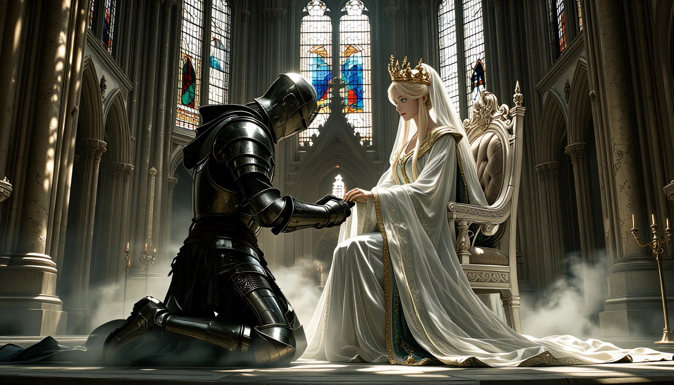 A photorealistic dark-armoured knight kneels solemnly on obsidian floor tiles before an ornate ivory throne, his polished helmet bowed deeply as swirling mist curls around his armoured boots. The regal blonde queen draped in luminous silk robes gazes
