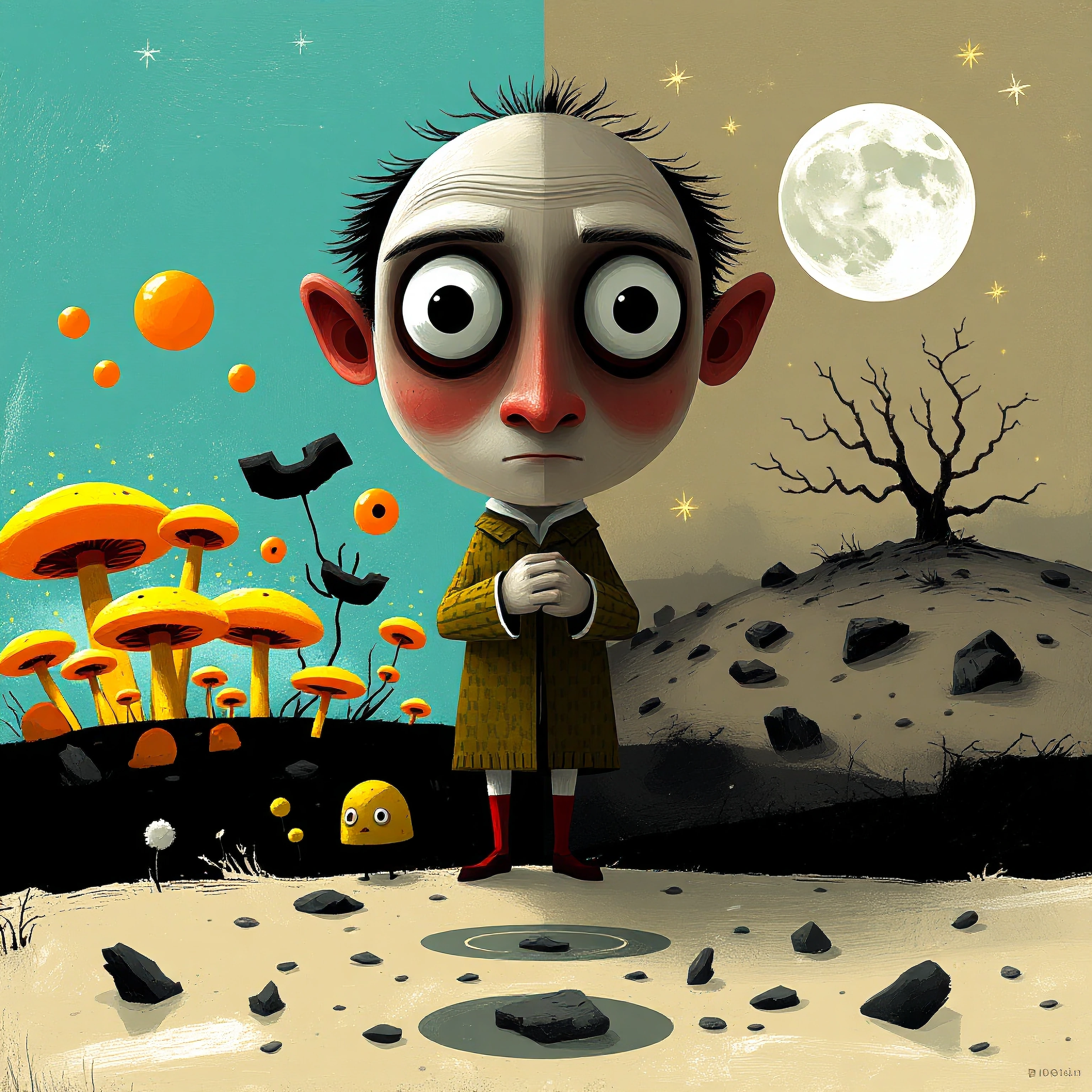 A surrealist illustration in the ‘split composition’ style, with a teal background on the left and a beige background on the right, separated by a line down the middle. In the centre stands the stylised, grotesque silhouette of a Victorian dark gothi