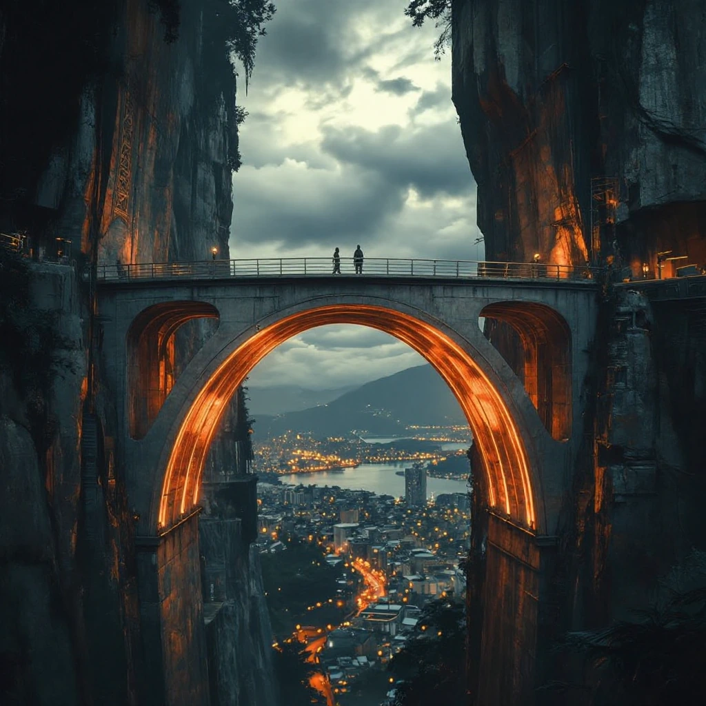A breathtaking vertical composition featuring a futuristic, sleek bridge spanning between two massive, dark cliff faces. The bridge has a distinctive