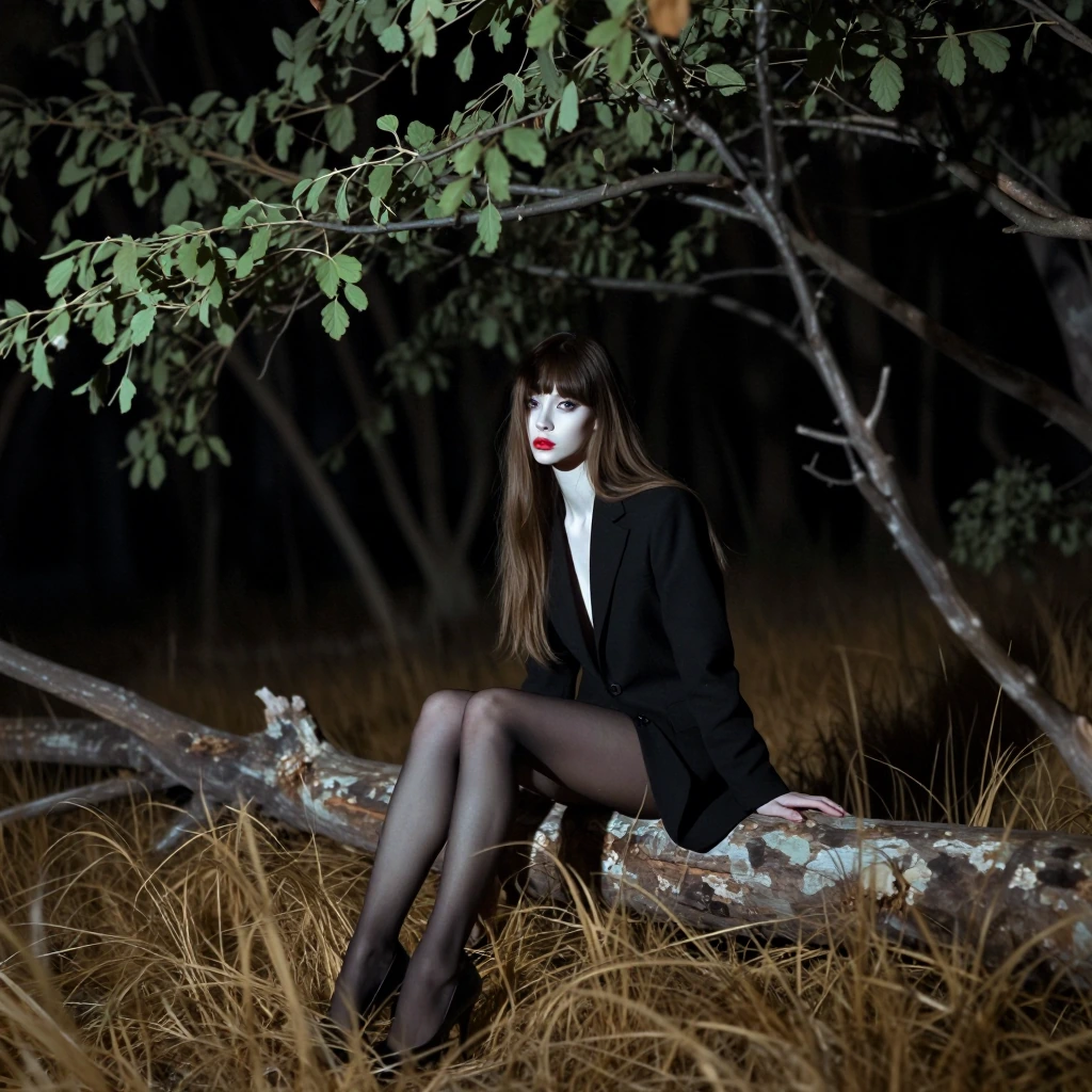 A young woman with long, straight brown hair and pale skin sits poised on a weathered, paint-splattered fallen tree trunk in a dense, moonlit forest. She wears a black blazer over a dark top, paired with sheer black stockings and high-heeled shoes, h