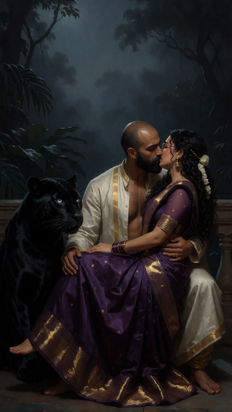 Ultra HD 8K oil painting: a royal couple's romantic kiss on a palace balcony at night beside a magnificent black panther with glowing blue eyes. Handsome bald-headed black-bearded man in an open white shirt with gold border sits holding a curly-haire