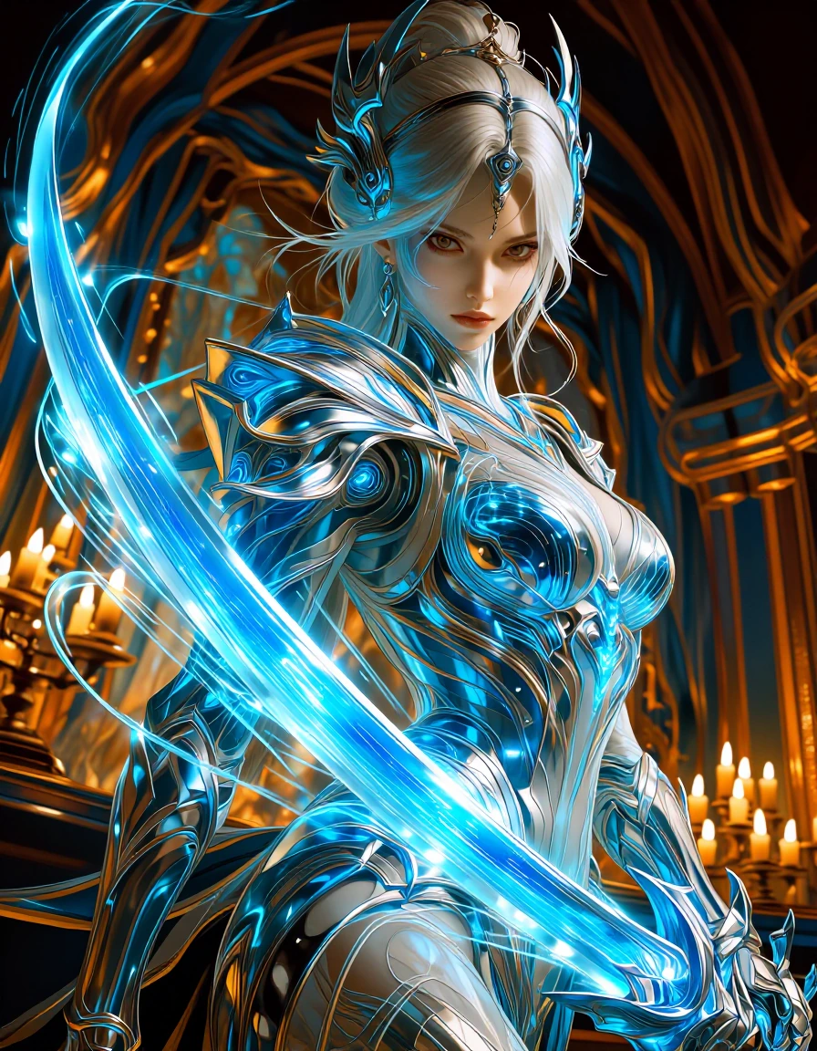 A majestic cybernetic samurai in a refined cyberpunk style. Ethereal female figure with marble-smooth skin accentuated by high tech cybernetic armor featuring glowing blue neural circuits and binary veins, massive katana made of intricate holographic
