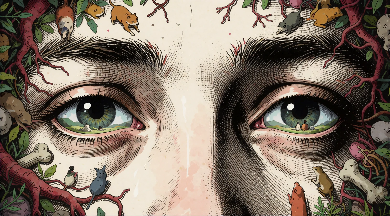 16:9 keyframe, high-grade illustration mixed with raw hand-drawn animation and surrealist engraving style, bold imperfect black ink lines, dense stippled textures, and intricate overlapping detail, --sref 2045348792 “What my eyes don’t see, won’t hur