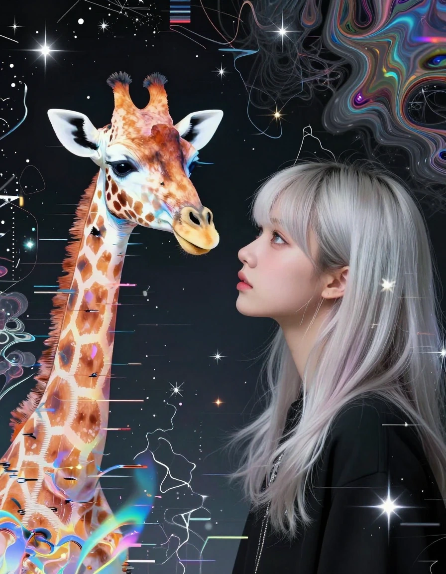 Beautiful model, platinum coffee ombre hair, looking at giraffe art floralpunk