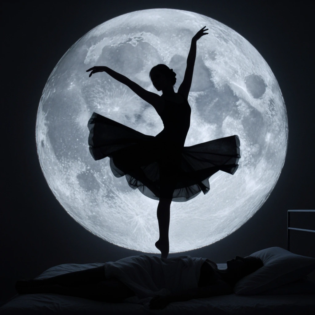 Silhouette of a figure dancing alone on a moonlit bedroom wall, fluid and graceful while the sleeping person lies still below.