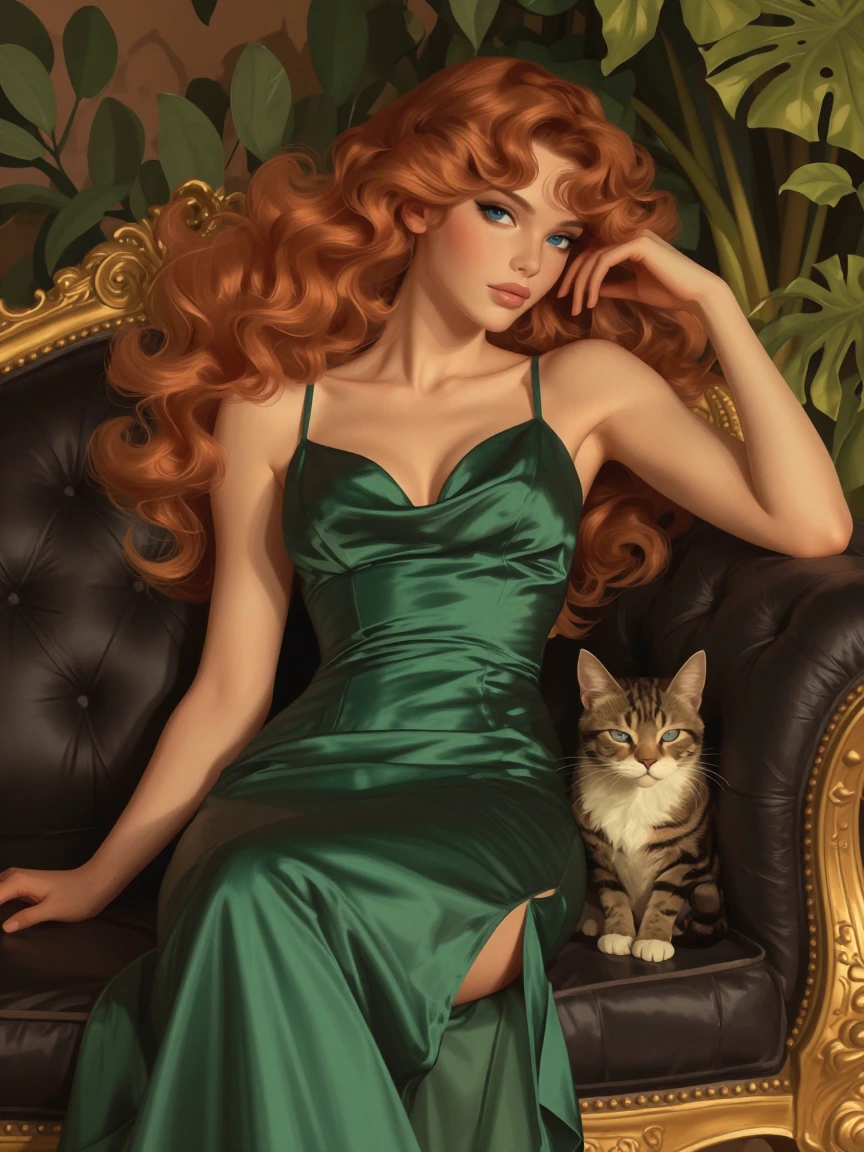 Elegant woman with flowing copper hair and blue eyes wearing an emerald green silk gown, seated on a luxurious black and gold settee with a tabby cat companion, surrounded by lush green foliage and golden light, fantasy illustration style, warm atmos