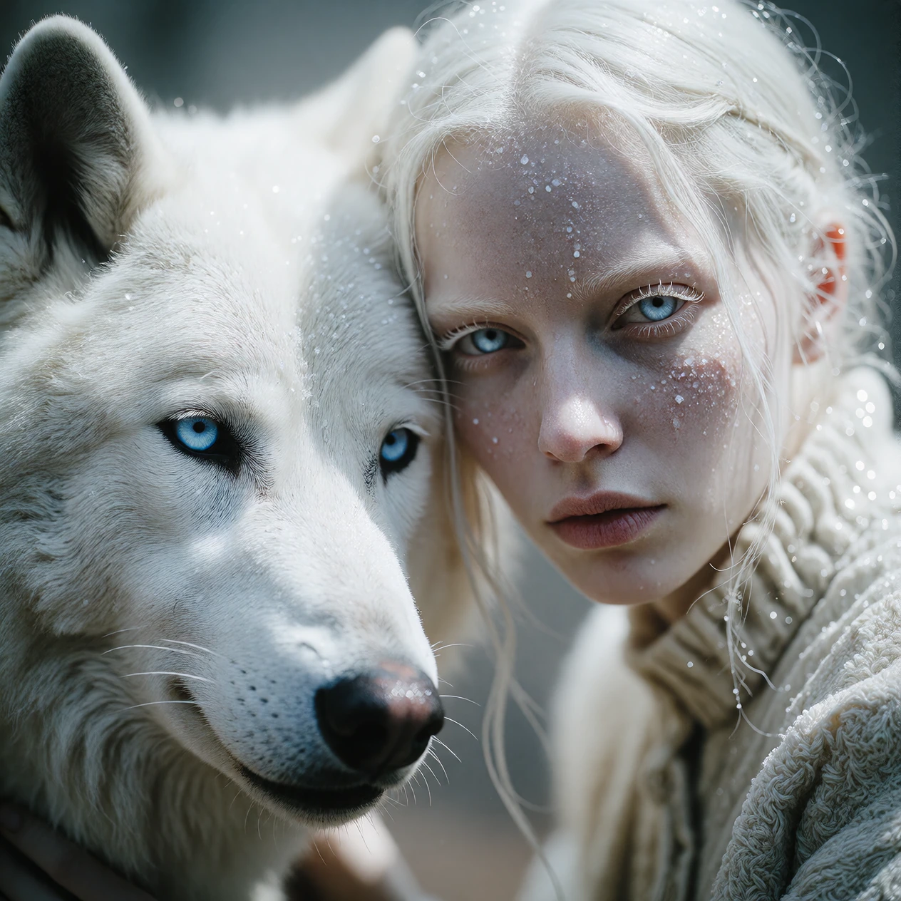 Capture a striking close-up portrait of an albino woman with translucent porcelain-white skin and platinum white hair, kneeling beside a majestic white wolf, their faces angled close together toward the camera. Show both her and the wolf sharing the 