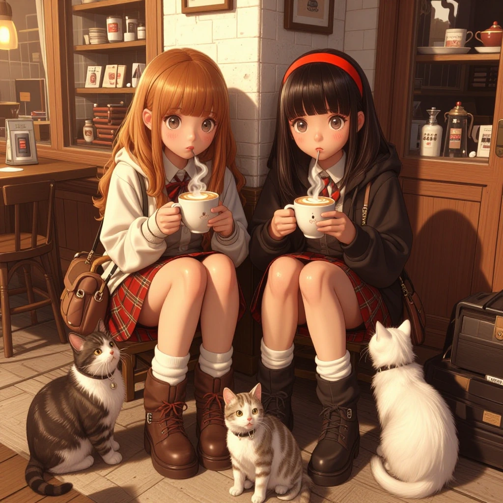 Two kawaii girls with large expressive eyes and rosy cheeks sitting at a cozy vintage café corner, each holding steaming cups of cappuccino while multiple adorable tabby and calico cats wind around their legs, warm golden hour lighting, hygge atmosph