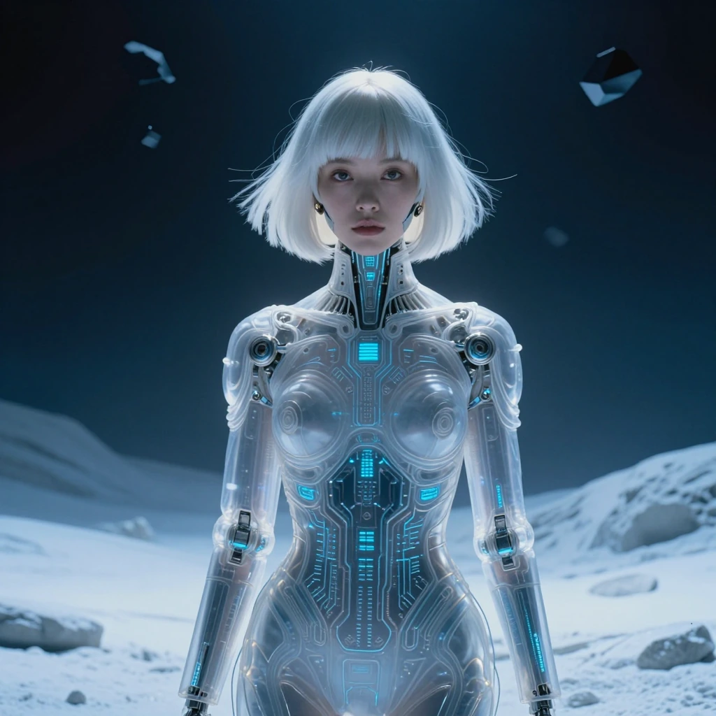 # Futuristic Android Portrait A luminous figure stands in an ethereal, snow-covered landscape, embodying cutting-edge sci-fi aesthetics. She wears a pristine white bob wig with sleek bangs and metallic ear accessories that catch the light. Her transl