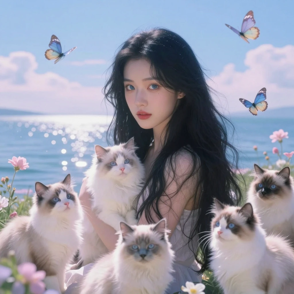 Woman long straight black hair blue eyes, with five cats, butterflies, lake, powder blue skies, flowers