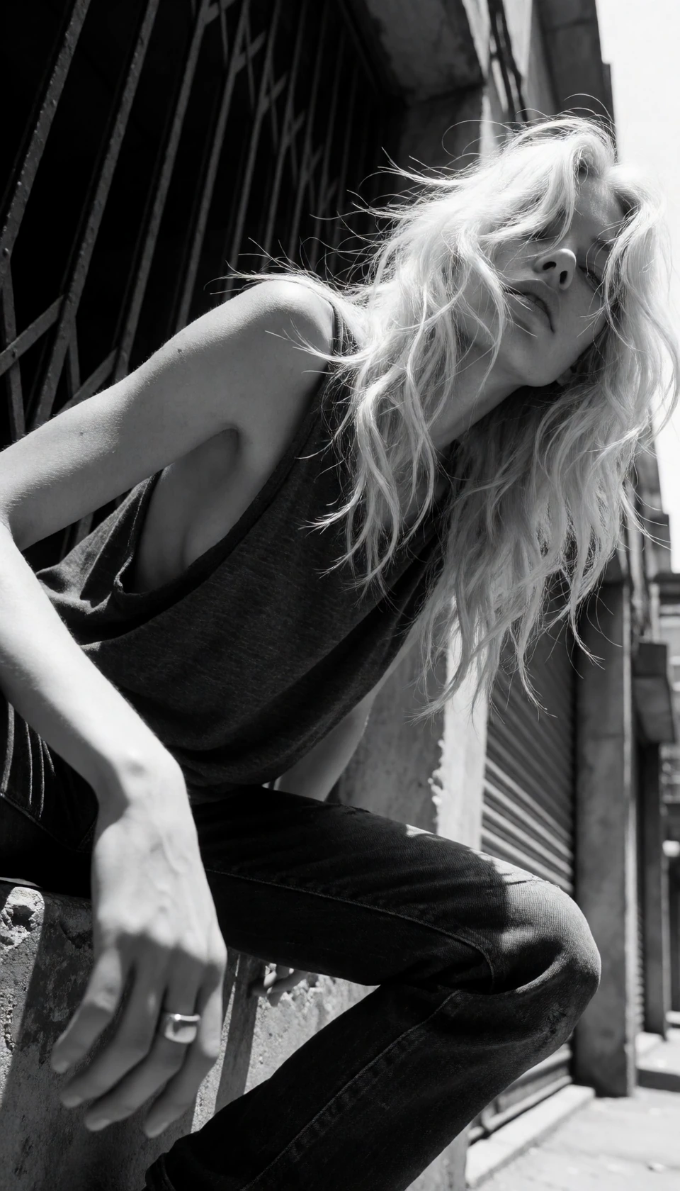 Candid black and white editorial fashion photograph of a young woman crouched forward in a narrow city alley, her long tousled sun-bleached hair swept completely across her face by the wind, obscuring her features entirely. She wears a loose charcoal