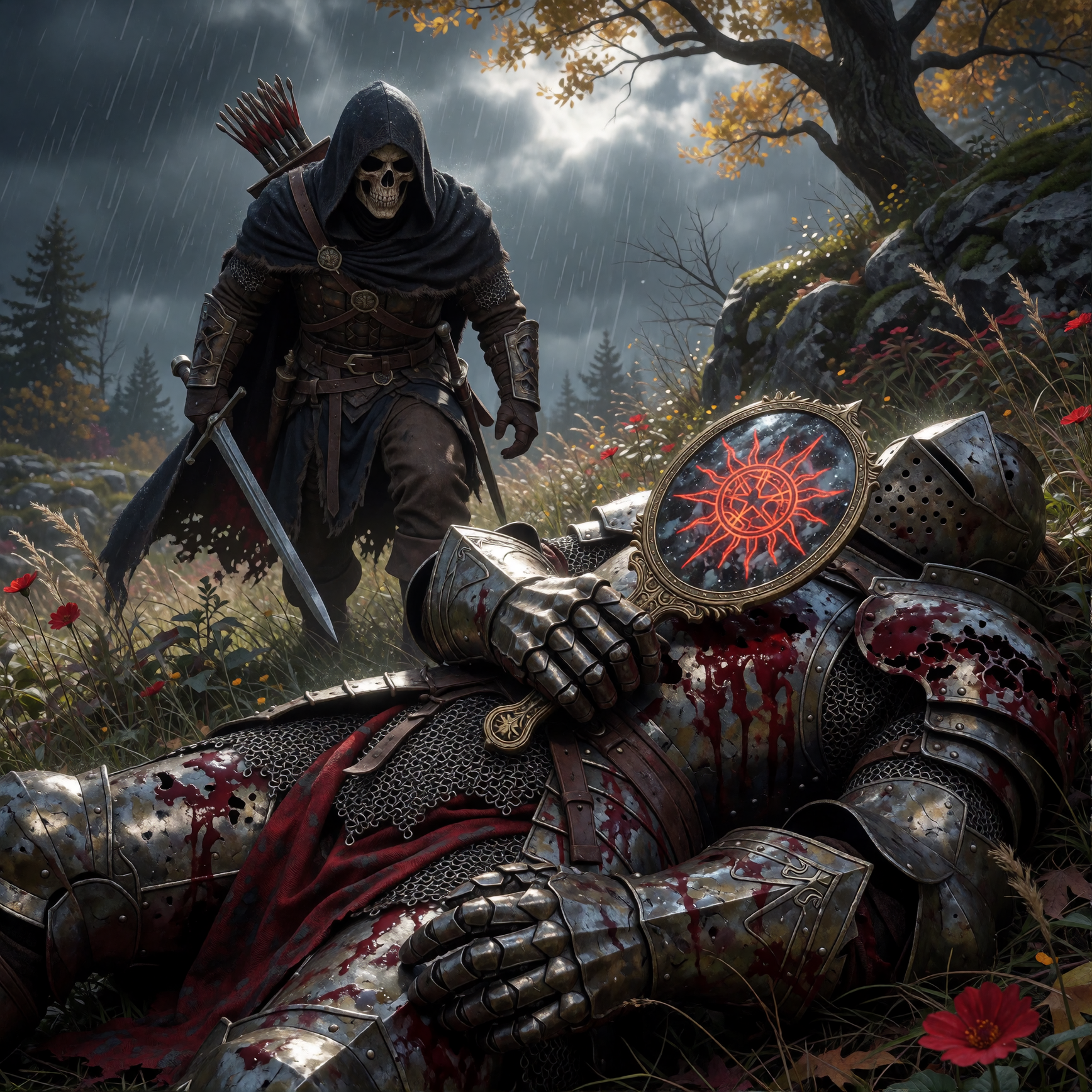 An Apocalyptic Sword & Sorcery World; Raining, A Hooded Ranger with a Skull for a Face cautiously enters a clearing to loot a rotting corpse of an tar