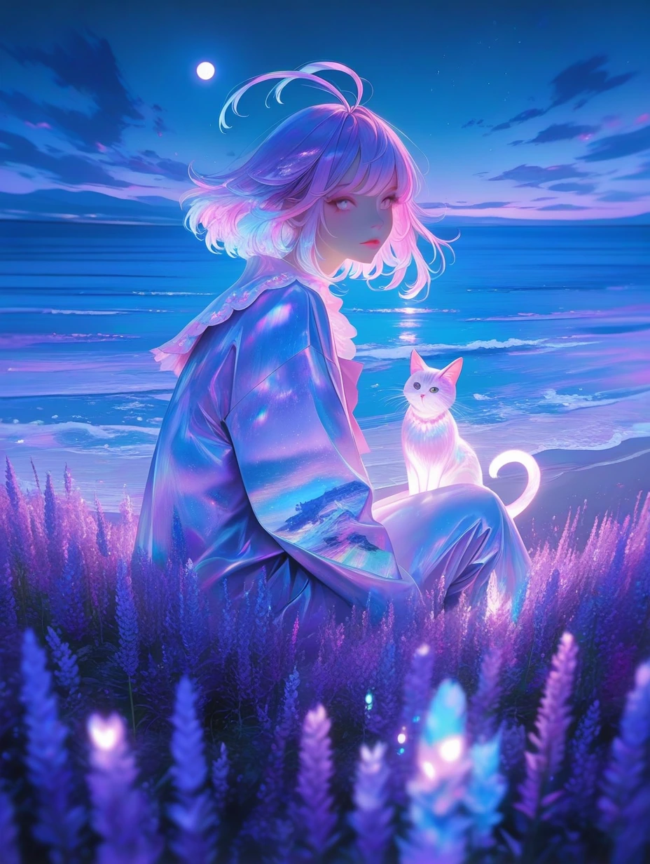 Beautiful woman, lavender pink platinum, iridescent hair, sitting beside an iridescent ocean, moonlight, alien landscape with beautiful glowing flora. With an alien cat that has an antenna, realistic .