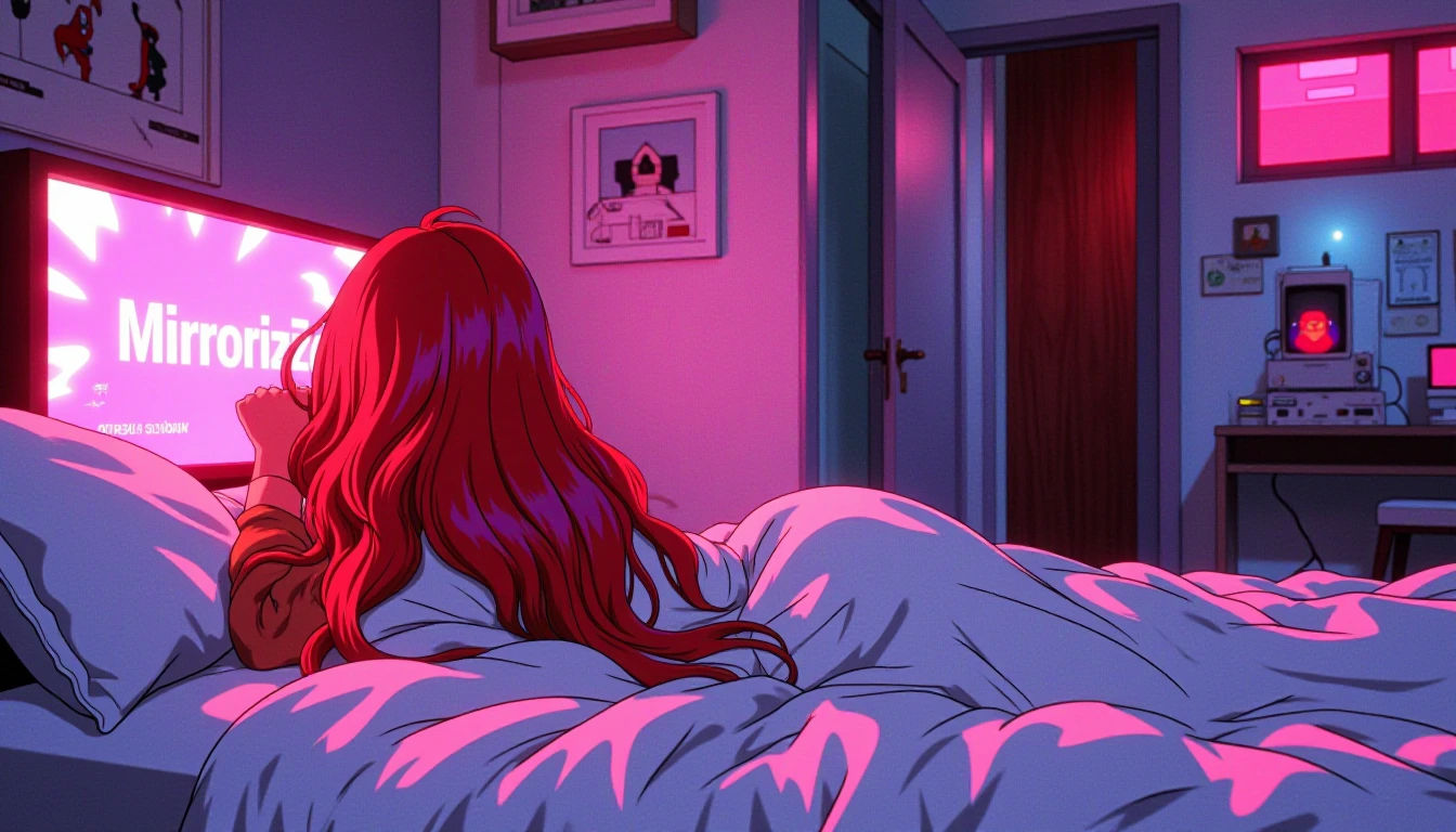 "A vibrant red ombre long flowing hair gamer lays on her bed watching a glowing tv that says Mirrorize AI on it. her bed sheets are white her red hair grace the walls All wrapped together to create an electric vibe dedicated to the gamer herself" the