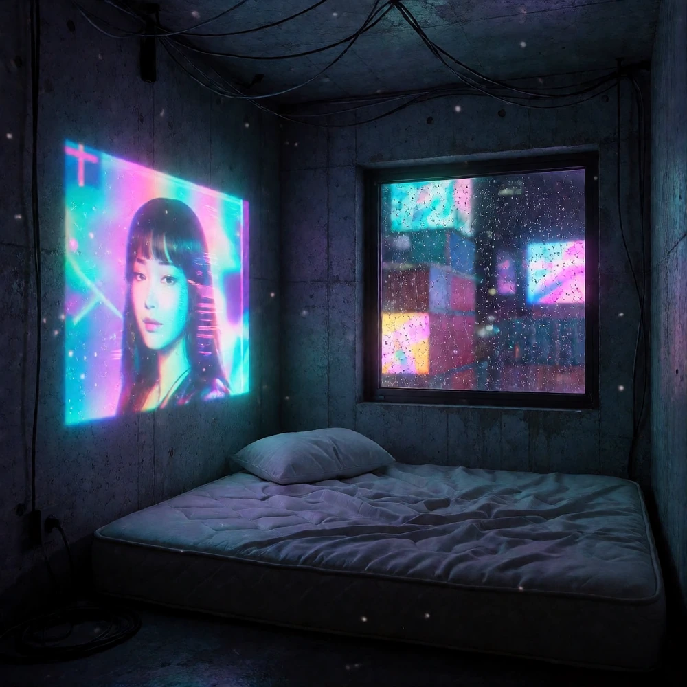 Neon-soaked bedroom in a brutalist concrete tower at 3 AM: mattress on the floor, single flickering holographic ad casting shifting cyan and magenta a
