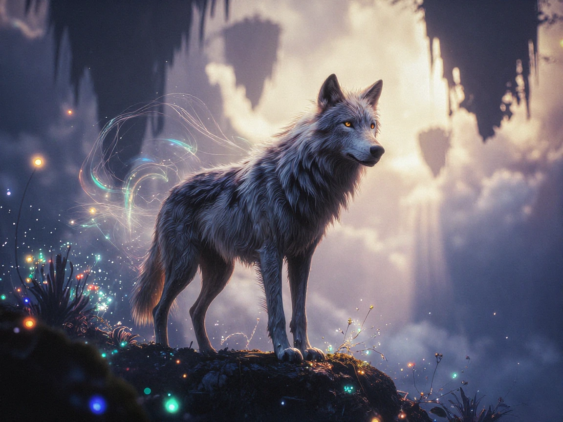Majestic space wolf with piercing amber eyes and thick silvery-gray fur, standing regally on misty mountainous terrain, ethereal dreamscape landscape with floating crystalline formations and bioluminescent plants, soft diffused golden-hour lighting f