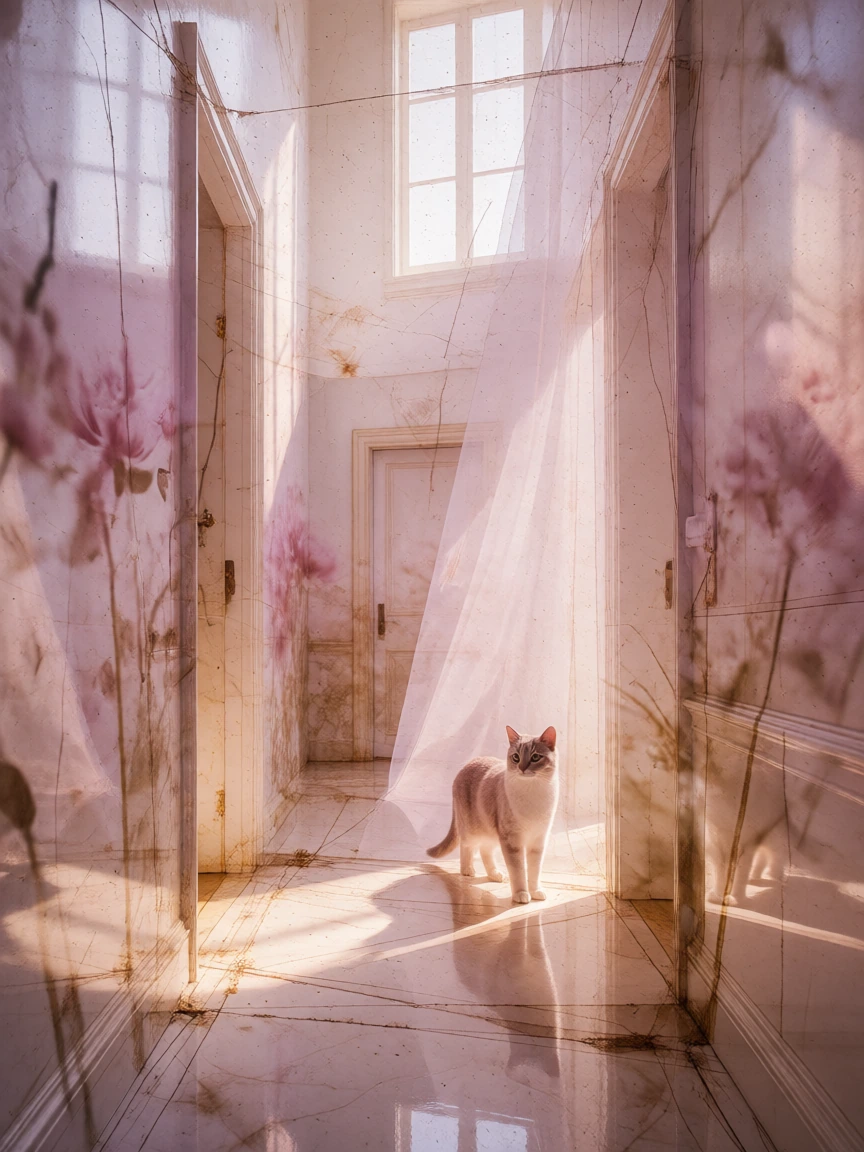 A refined, artsy, beautiful vertical mixed media artwork about deja vu as a physical texture: an elegant cat standing in a narrow hallway of overlapping memories, the walls layered with translucent paper, faint ink lines, blurred floral patterns, and