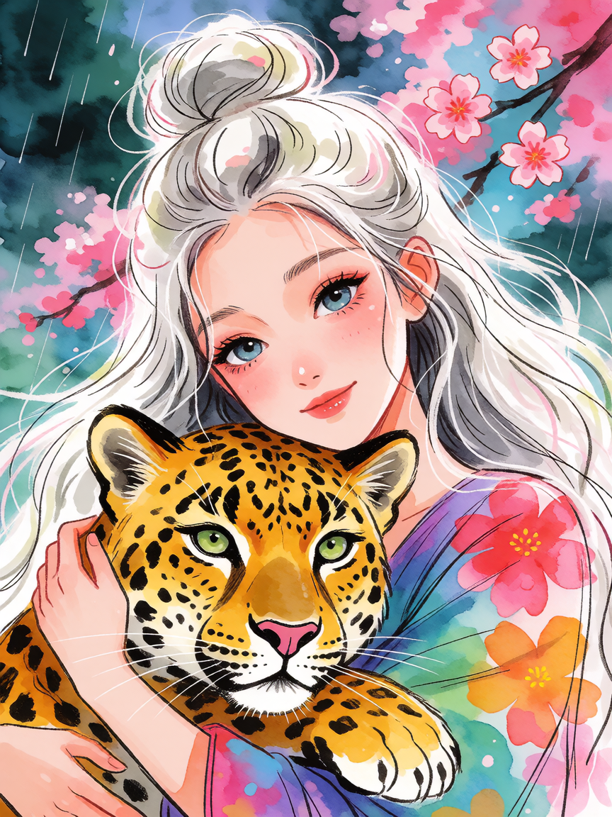 Messy colorful illustration. Watercolor style. Soft sketchy lines. Beautiful woman long flowing white hair with a messy bun. She is hugging a leopard.