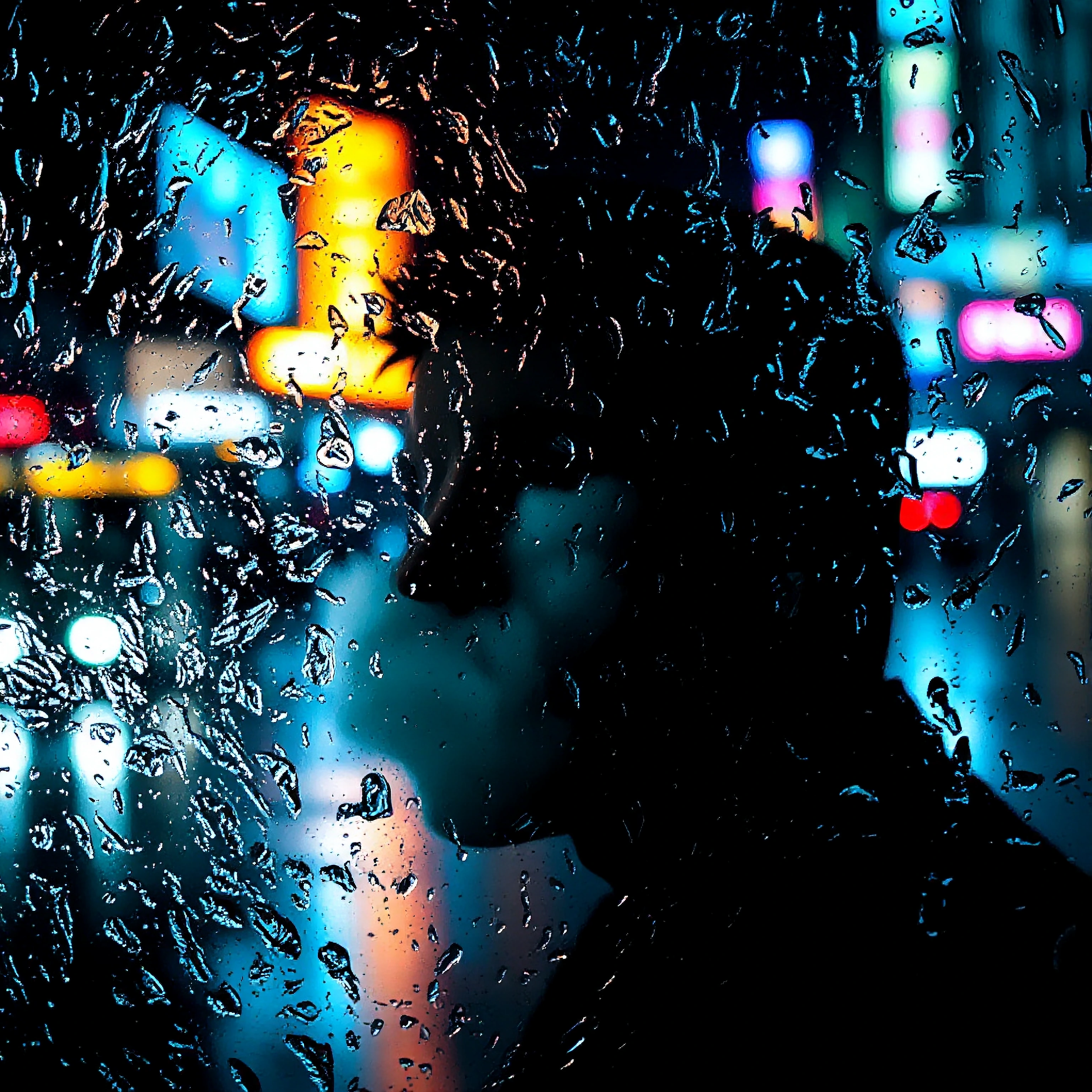 A solitary figure pressed intimately against rain-streaked glass, their warm breath creating delicate fog patterns on the cold surface, face partially obscured as fragmented city lights refract and scatter through cascading water droplets, creating p