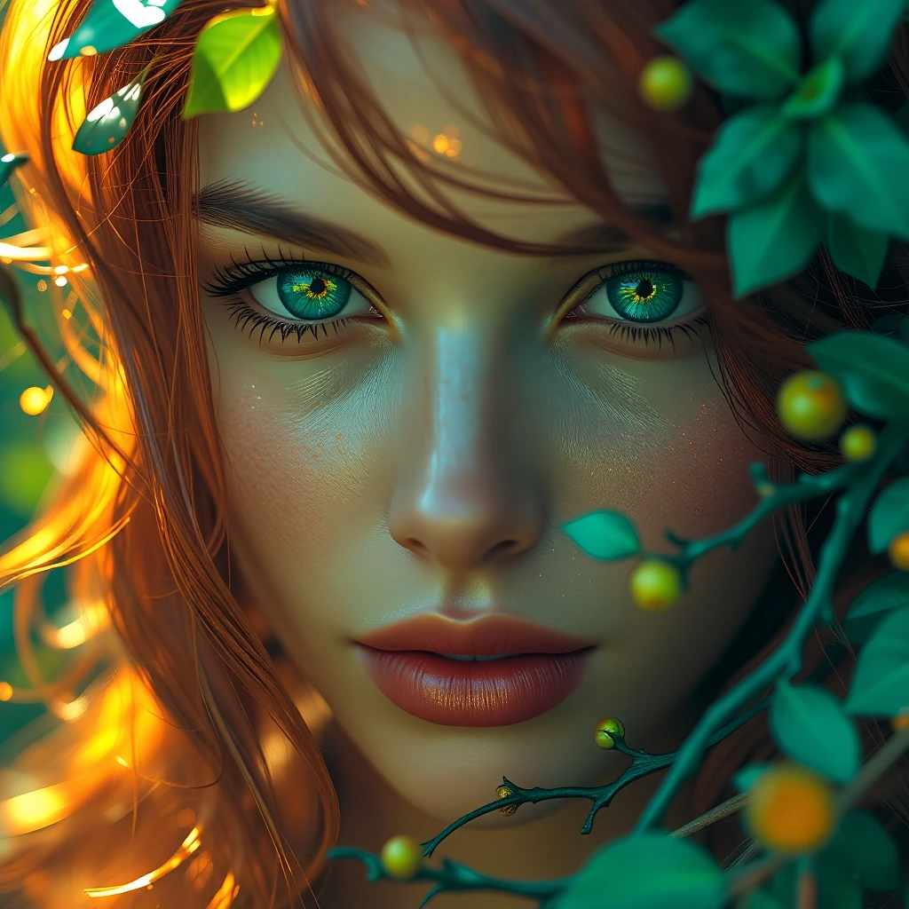 Centered cinematic portrait of a stunning nature-born woman emerging from shadow. Her copper-brown hair flows like vines kissed by sunlight, strands tangled with green leaves and gold pollen. Her emerald eyes shimmer with confidence and warmth, lips 