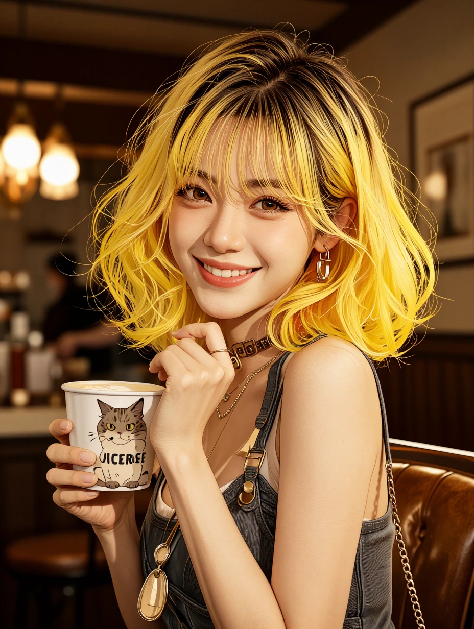 Elegantpunk, beautiful smiling woman vibrant yellow ombre Bob cut hair, cat and coffee, realism, high stylization.