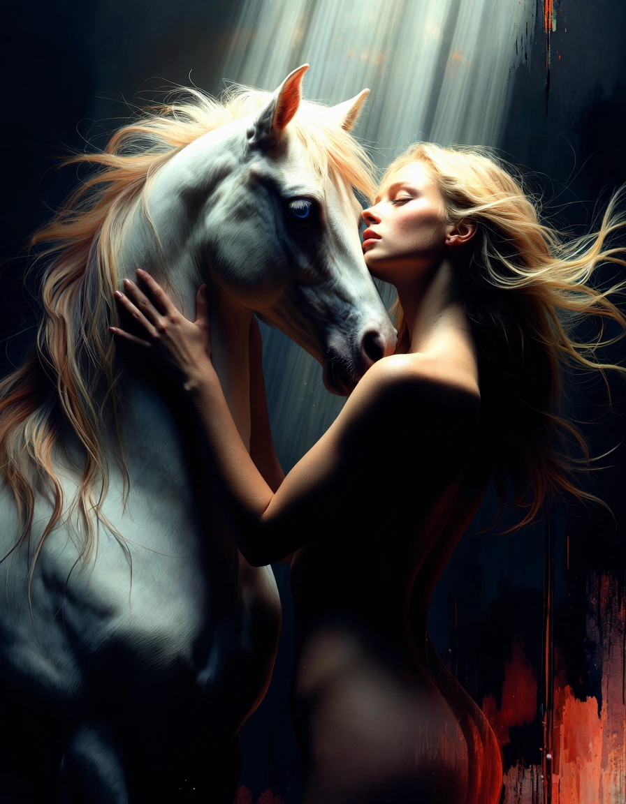 Sleek, toned physique woman, elegant curves, Regally beautiful face, striking blue eyes, champagne blonde hair cascading past her shoulders eyes closed serenely as she gracefully nuzzles a docile, majestically beautiful unicorn.