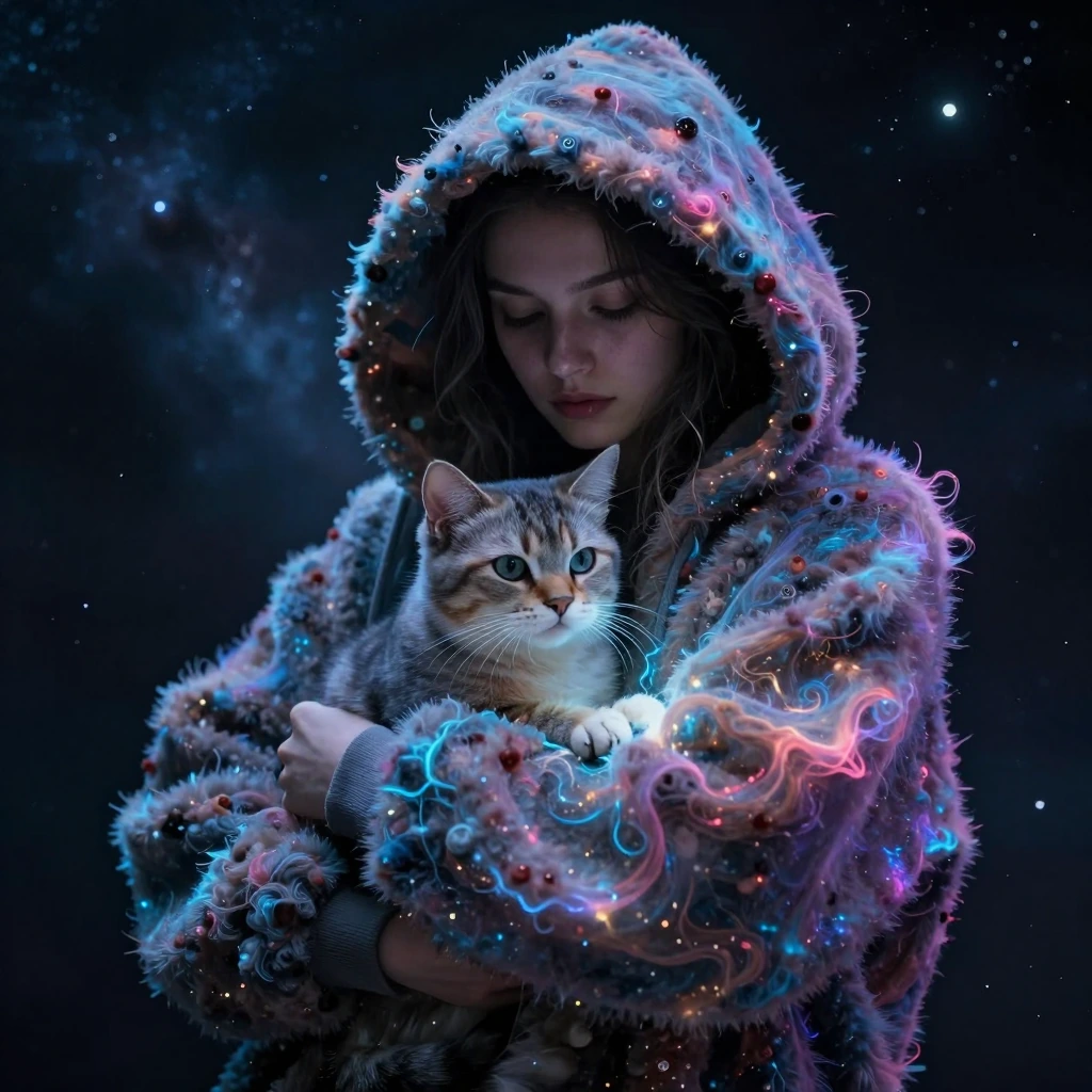 vast emptiness of space, ultra closeup a woman with her cat draped in massive thick hoodie made of lagoon nebula, surrounded in luminescence