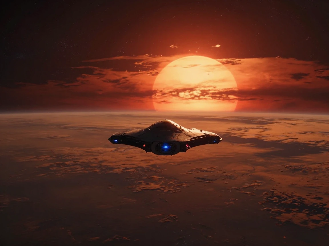 A photo-realistic shoot from a far camera angle about a futuristic spaceship flying over a distant planet during a massive, intense sunset. the image also shows a stunning view of the planet from space, with a large, glowing, orange-red sun in the ba