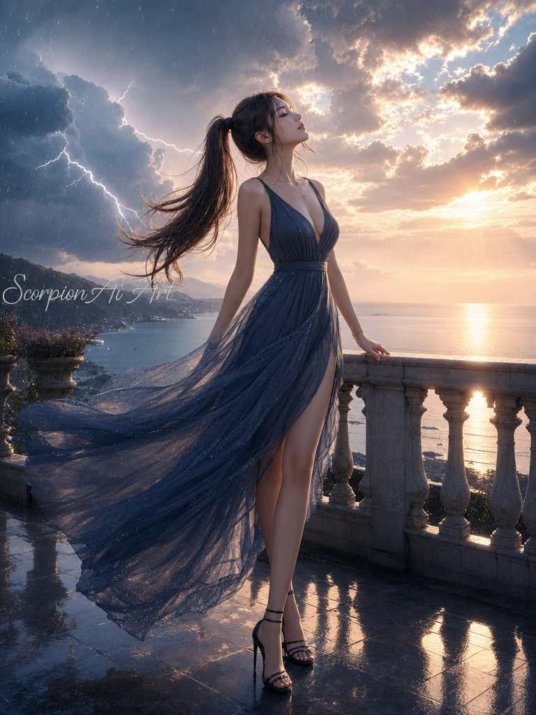 the moment a storm changes its mind, brunette with twin tails, v neck dress, high heel strap sandals, add watermark: Scorpion Ai Art