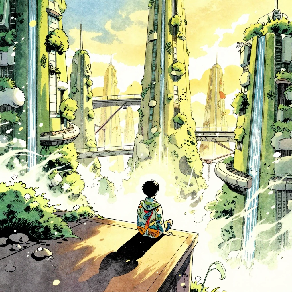 A futuristic eco-city covered in massive vertical gardens,where skyscrapers intertwine with lush greenery. A boy wearing a futuristic outfit adorned w
