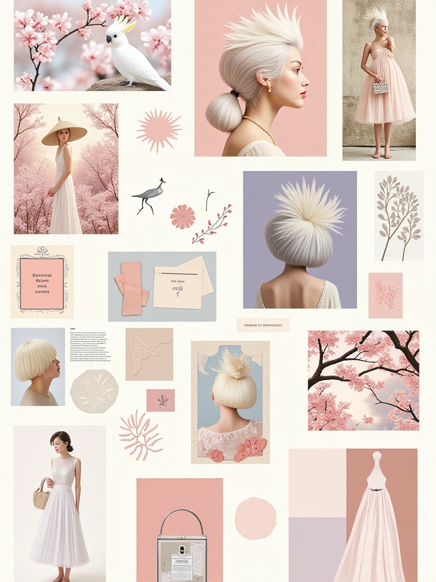 A beautiful mood board collage for pretty image inspiration, featuring soft summer dream aesthetics: platinum silver hair, elegant white cockatoos with feathered crests, cherry blossoms, pale gold sunlight, airy garden scenes, pastel pinks, lavenders