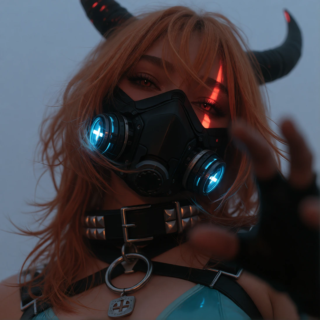 g@chastyle, a close up shot of a female character with messy sculptured layered orange hair, black horns, and cyan eyes containing red cross symbols. 