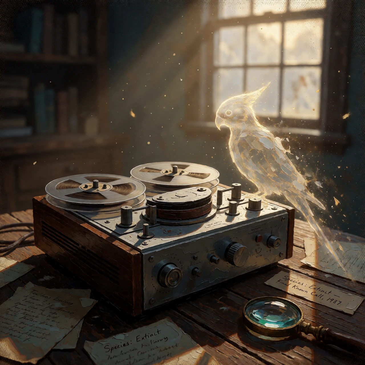 Paint a haunting oil painting titled "The Last Recording" depicting a vintage reel-to-reel tape recorder resting on a weathered wooden table in a dim study, its spools frozen mid-turn as if capturing the final call of an extinct bird. Perched just be