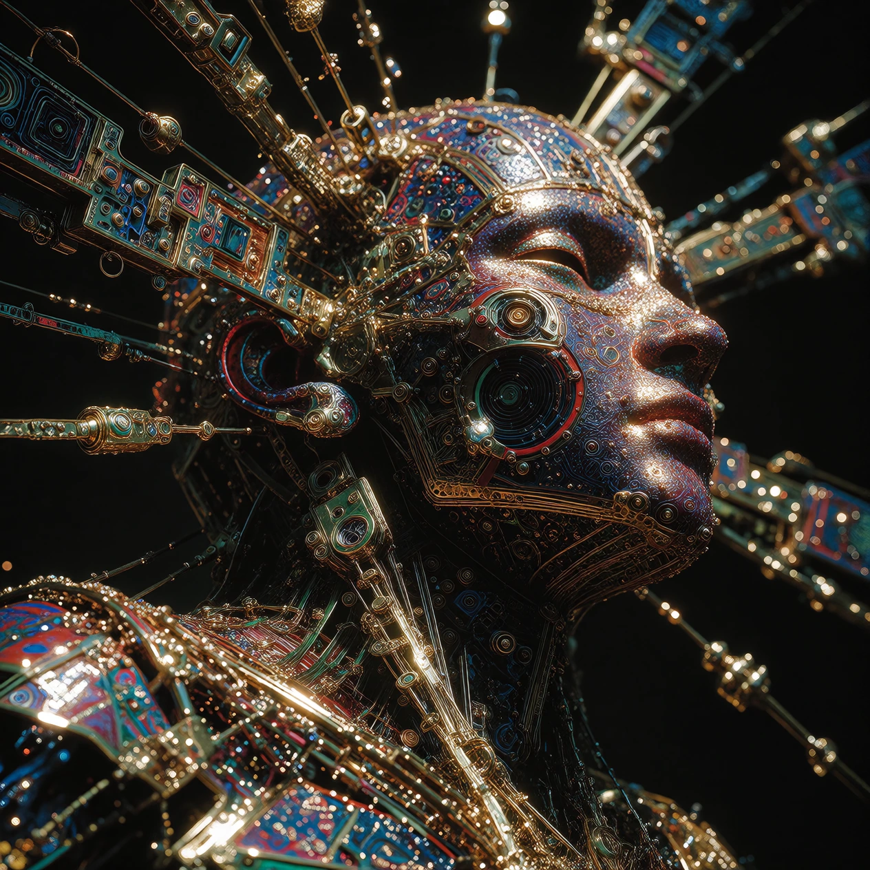Sentient Ai in 2056, with epic detailed geometry, remembering the human it fell in love with, but heart broken they are gone