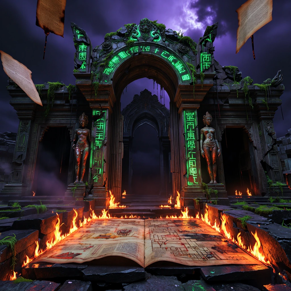 Crumbling stone temple facade half-swallowed by bioluminescent vines, weathered glyphs glowing sickly phosphorescent green across fractured marble. Collapsed archways frame impossible geometries—angles that shouldn't exist. Rusted bronze statues of f