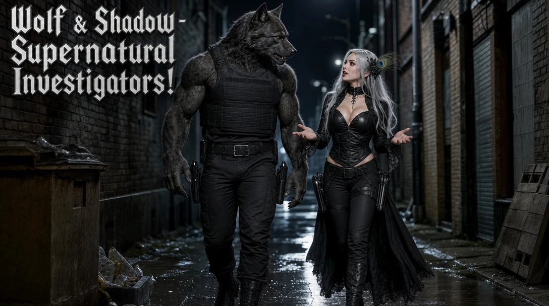 Title "Wolf & Shadow - Supernatural Investigators!" written in Extra Bold Gothic Text. A Hyper-realistic image of Lycanthrope superhero large, very athletic & Muscular covered in coarse short fur wearing black Tactical Combat Trousers, Black Leather 