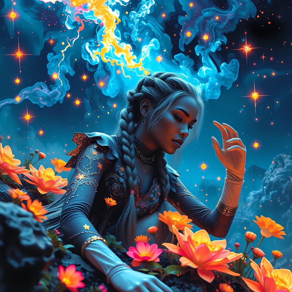 Gardner of dead stars…women with pig tail braids in a star struck cocktail dress and gardening gloves digging in the celestial chaos