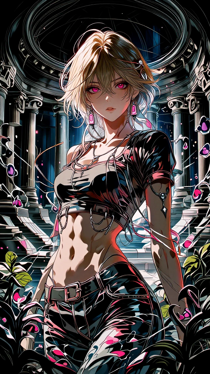 Short small mature woman, ripped 6 pack abs, long blonde hair with pink, pink eyes, sports bra, low rider pants,
