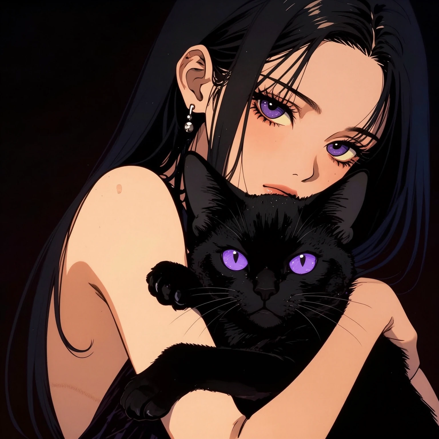 masterpiece, best quality, 1girl, hugging cat, very cute, black cat, purple glowing eyes, dark hair, looking at viewer, high contrast, dark background